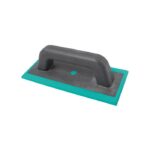 Grout float with turquoise frame and dark gray ergonomic handle used to spread grout on tiled surfaces.