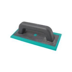 Grout float with turquoise frame and dark gray ergonomic handle used to spread grout on tiled surfaces.