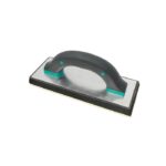 Finishing trowel with a metal blade, black curved handle, and teal accents for smoothing concrete or plaster surfaces.