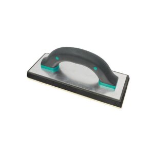 Finishing trowel with a metal blade, black curved handle, and teal accents for smoothing concrete or plaster surfaces.
