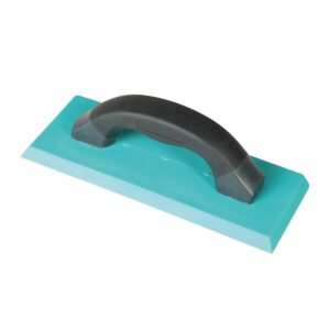 Blue-green hand float (plaster/cement trowel) with black ergonomic handle, used to smooth and finish surfaces