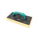 Grout float with turquoise grip and yellow sponge backing, shown from a slight angle for tile work use.