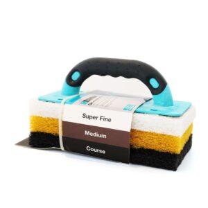 Blue-handled three-layer cleaning sponge with label reading Super Fine, Medium, Course