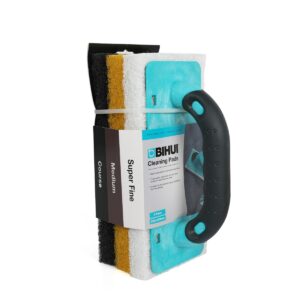 BIHUI tile cleaning tool with turquoise handle and stacked abrasive pads bound by a strap
