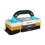 Hand-held three-grit sanding sponge with teal handle, labeled Course, Medium, Super Fine.