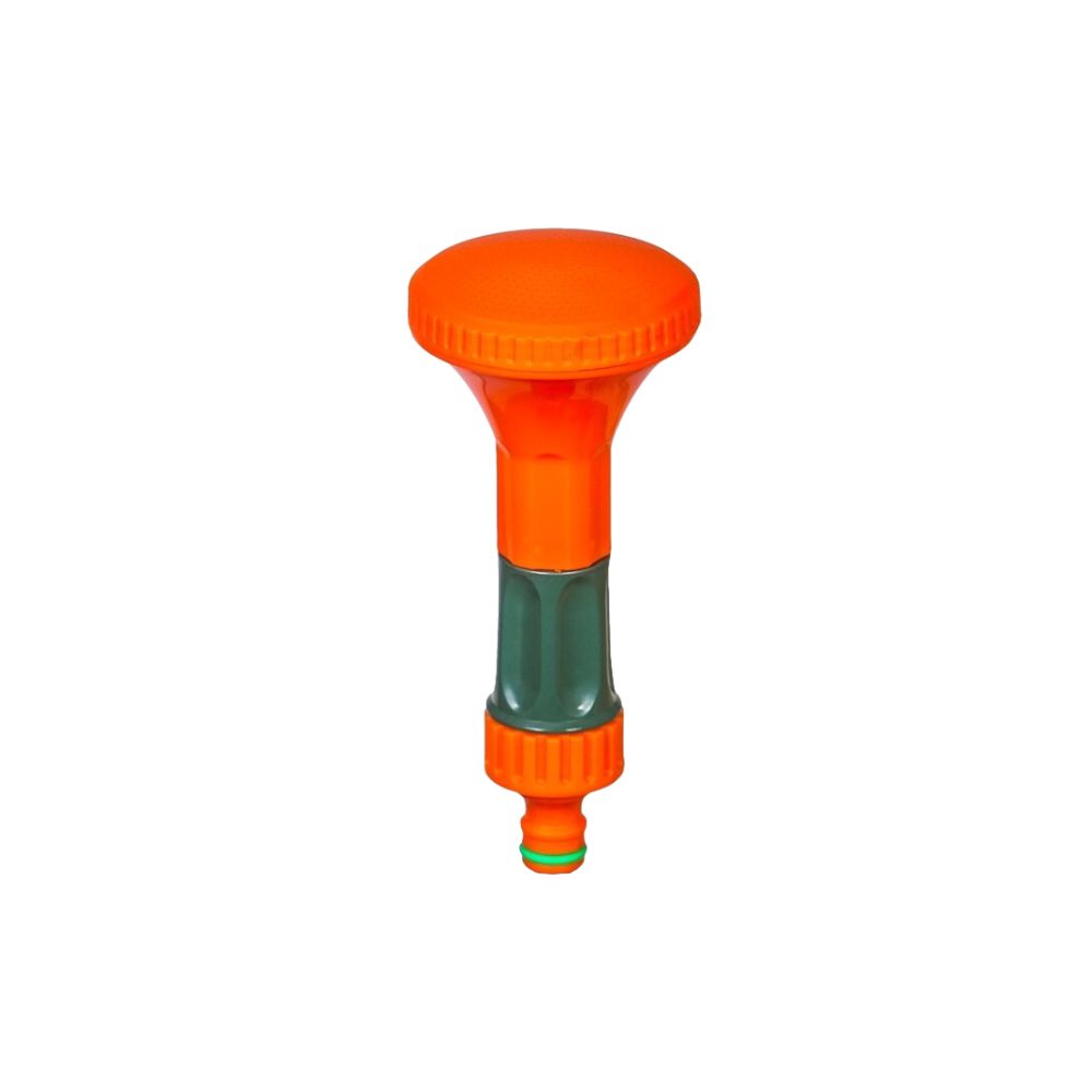 Orange garden sprinkler head for watering lawns and gardens from a hose connection