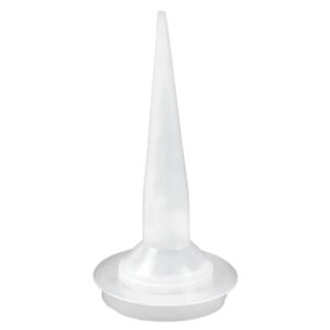 White plastic cone on a circular base—likely a cake decorating piping tip stand or stand-alone icing nozzle carrier