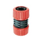 Red plastic garden hose connector with ribbed grip and black inner threading, shown in a close-up view (two ends).