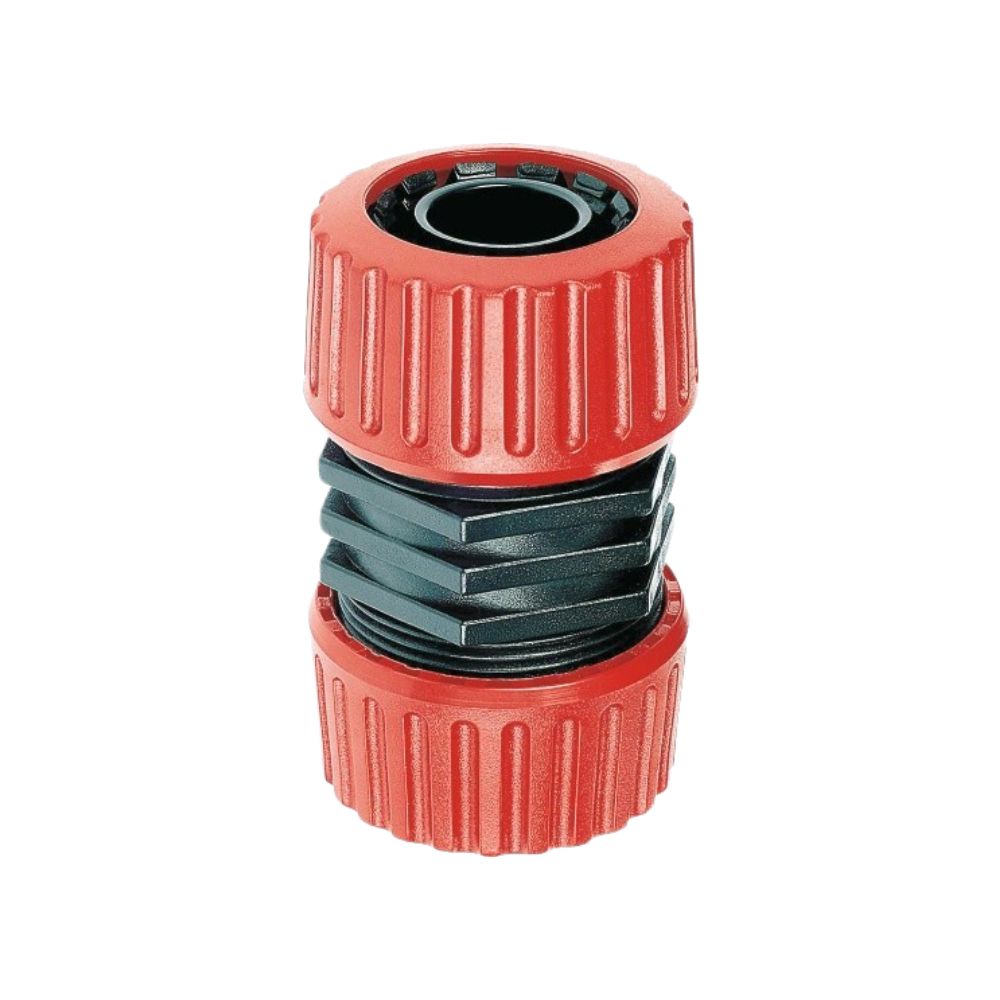 Red plastic garden hose connector with ribbed grip and black inner threading, shown in a close-up view (two ends).