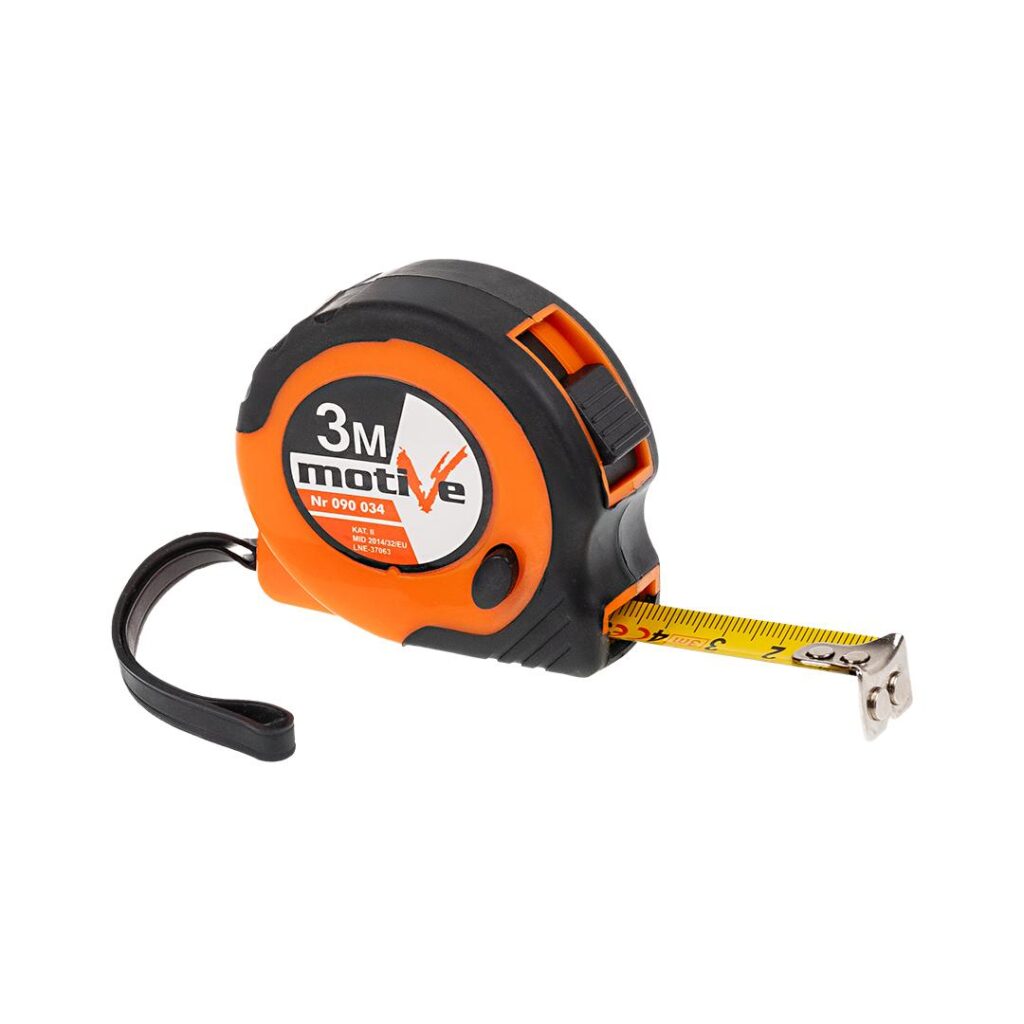 Retractable tape measure with orange and black housing, metal tape extended outward with a hooked end visible. The tool includes a wrist strap on the side.
