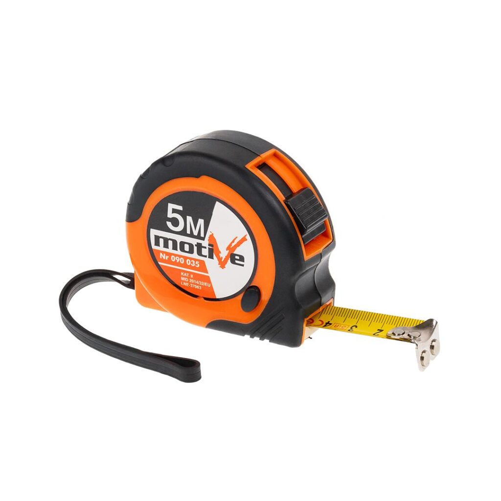 Orange and black retractable measuring tape extended slightly with metal tape, indicating 3 inches, against a white background.