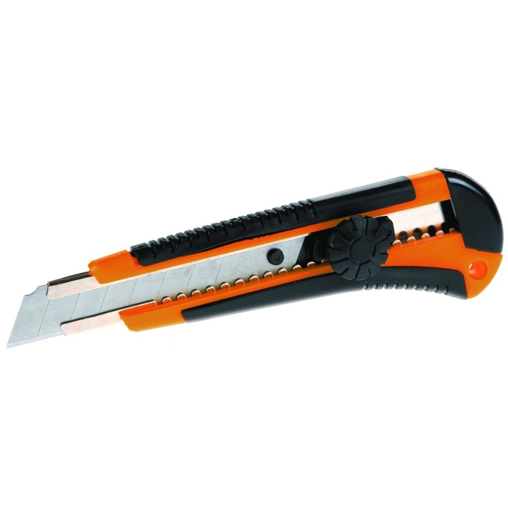 Orange and black retractable utility knife with an extended blade for cutting boxes and materials of various thicknesses.