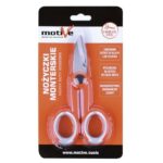 Red-handled heavy-duty scissors in orange packaging; stainless steel blades, circular finger holes, packaging branded Motive Tools.