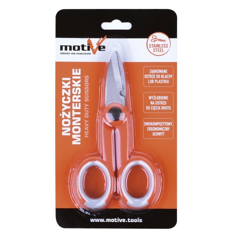 Red-handled heavy-duty scissors in orange packaging; stainless steel blades, circular finger holes, packaging branded Motive Tools.