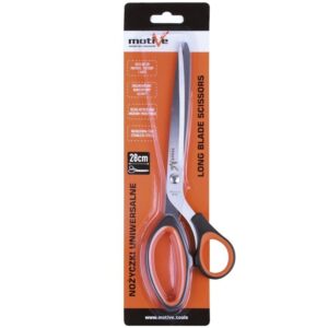 Long blade scissors in orange packaging with black and orange handles; 28 cm, stainless steel blades, Motive brand.