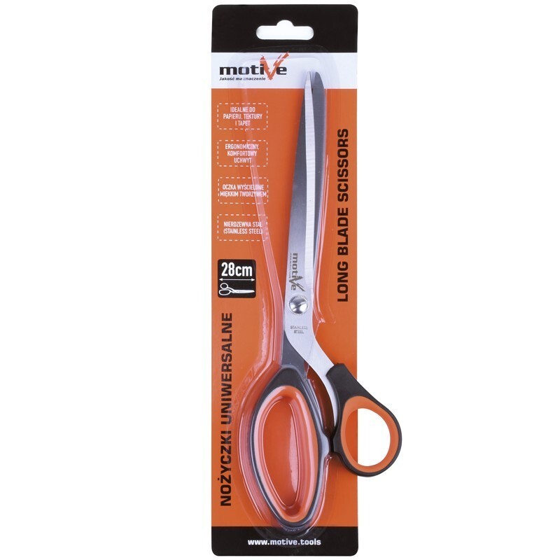Long blade scissors in orange packaging with black and orange handles; 28 cm, stainless steel blades, Motive brand.