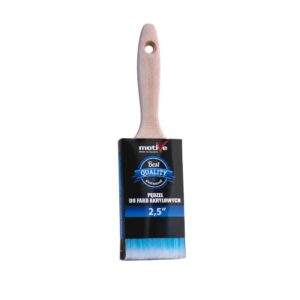 Wooden-handled paintbrush with blue-tipped bristles in a black package labeled 'Best Quality' and '2.5'' width, hanging hole in the handle edge of the image