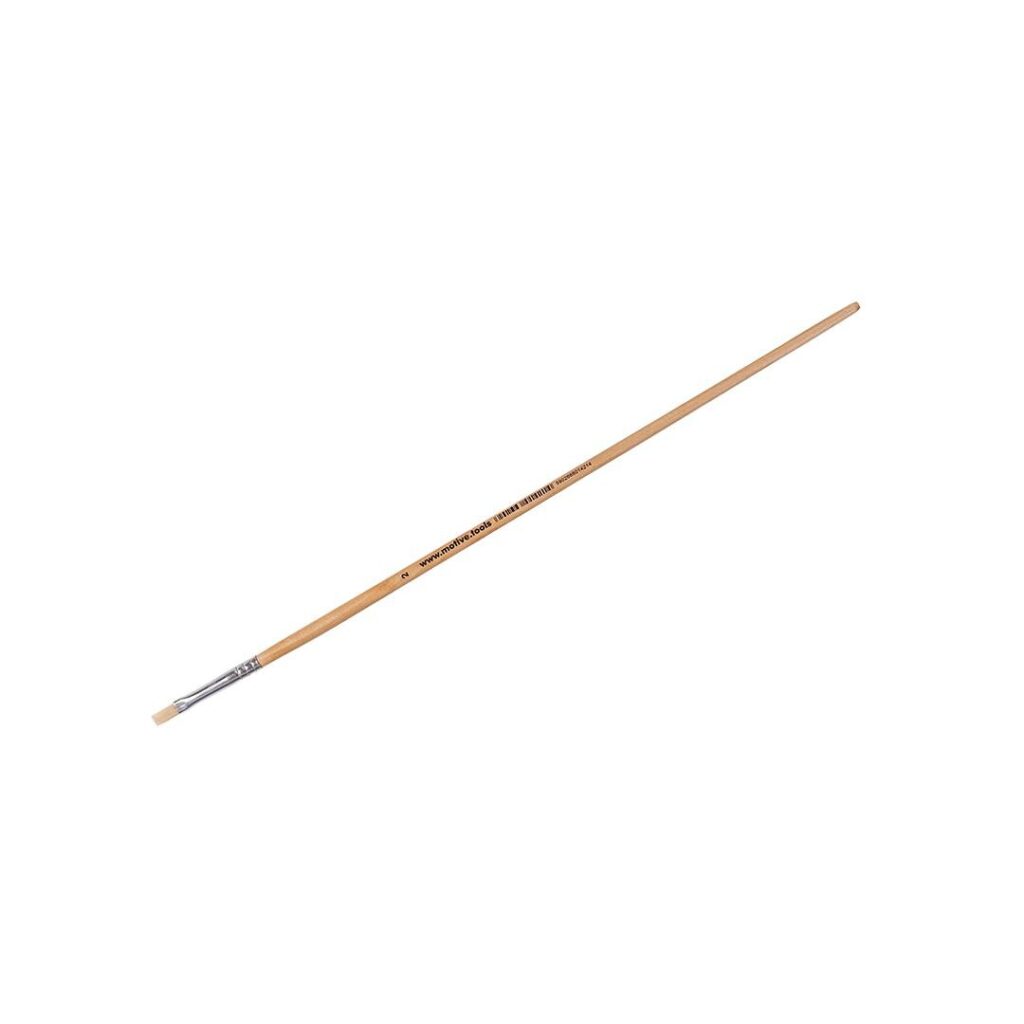 Wooden-handled flat paintbrush with metal ferrule and beige bristles on a white background