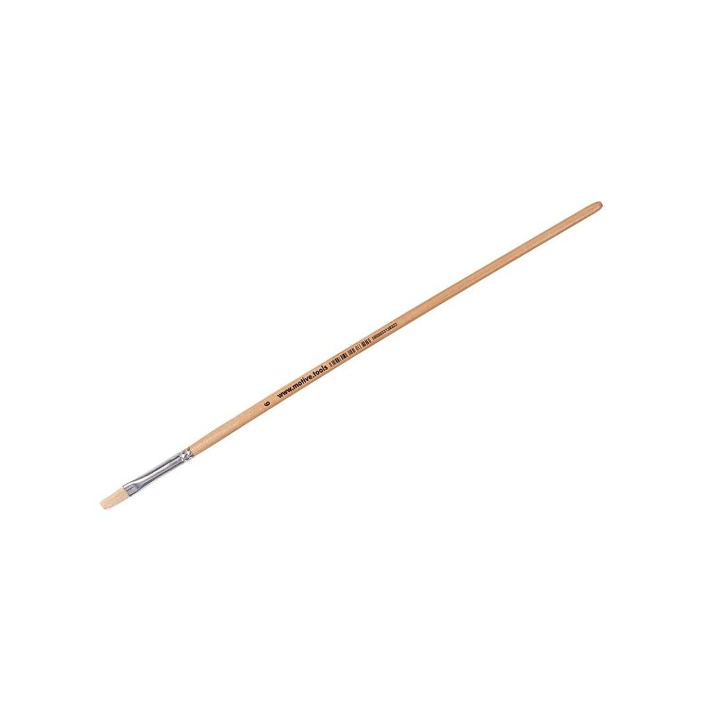 Flat-faced wooden paintbrush with metal ferrule and light bristles. Used for painting or glazing surfaces.