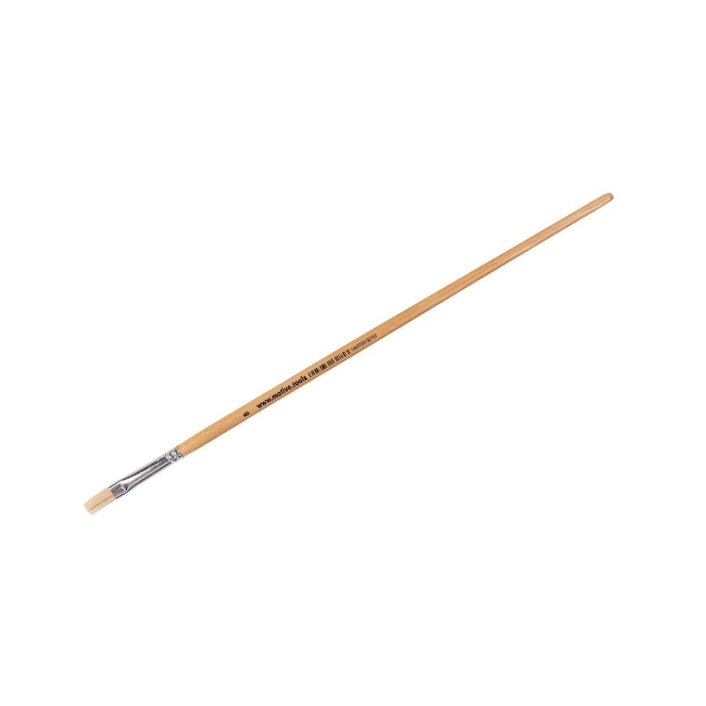 Wooden painter's brush with flat, light bristle tip and metal ferrule on a long handle.