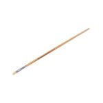 Wooden painter's brush with flat, light bristle tip and metal ferrule on a long handle.