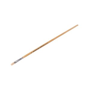 Wooden painter's brush with flat, light bristle tip and metal ferrule on a long handle.