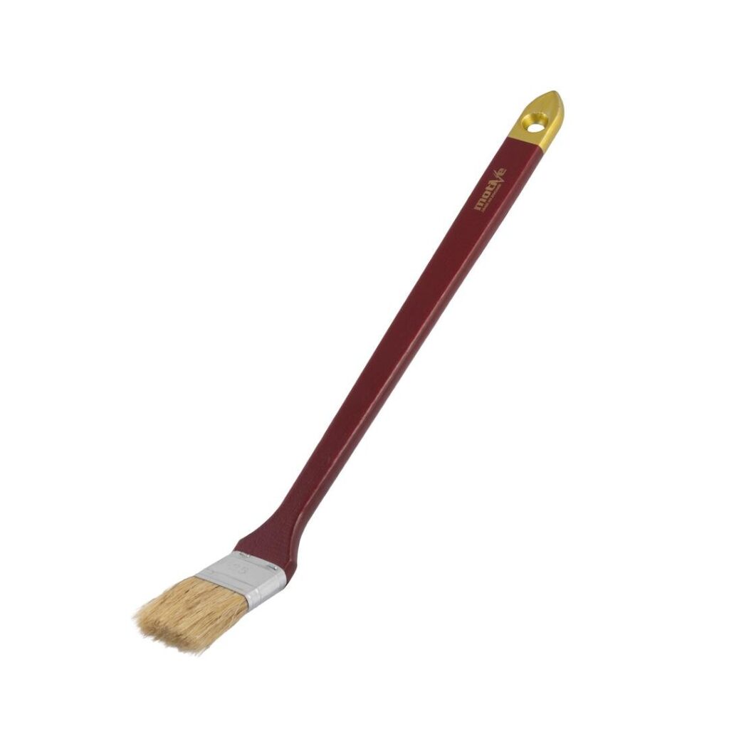 Flat paintbrush with a red handle, gold ferrule, and natural bristles for painting surfaces.