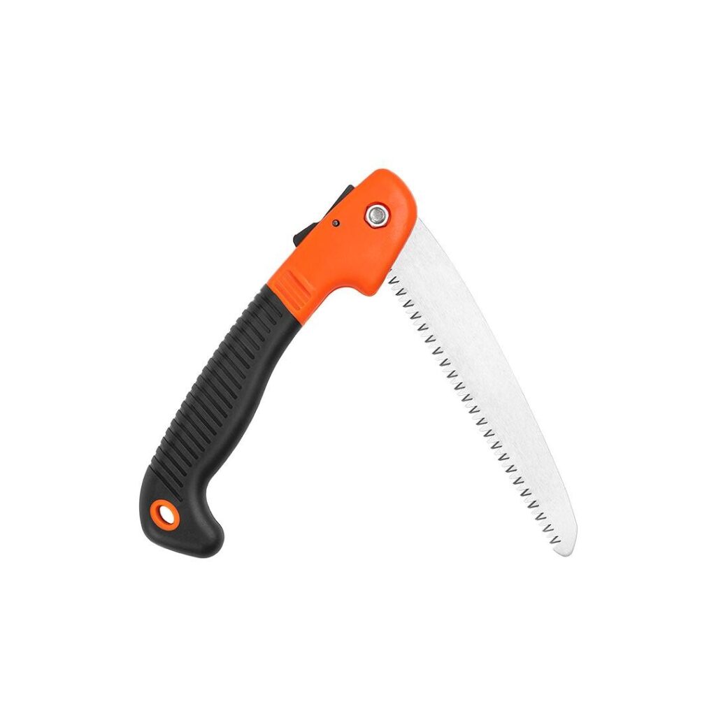 Orange-handled hand saw with a curved, serrated blade for pruning or cutting branches, black grip.