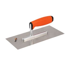 Metal finishing trowel with an orange handle on a flat steel blade, used for smoothing concrete surfaces