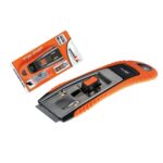 Orange ergonomic utility knife with retractable blade and a silver metal body, shown with its packaging in the background.