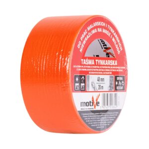 Orange plastering tape roll with a red label showing 48 mm by 20 m and the word 'Taśma tynkarska' in white text on the label.
