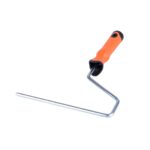 Orange-handled paint roller frame with a metal bent shaft, ready for a roller cover attachment