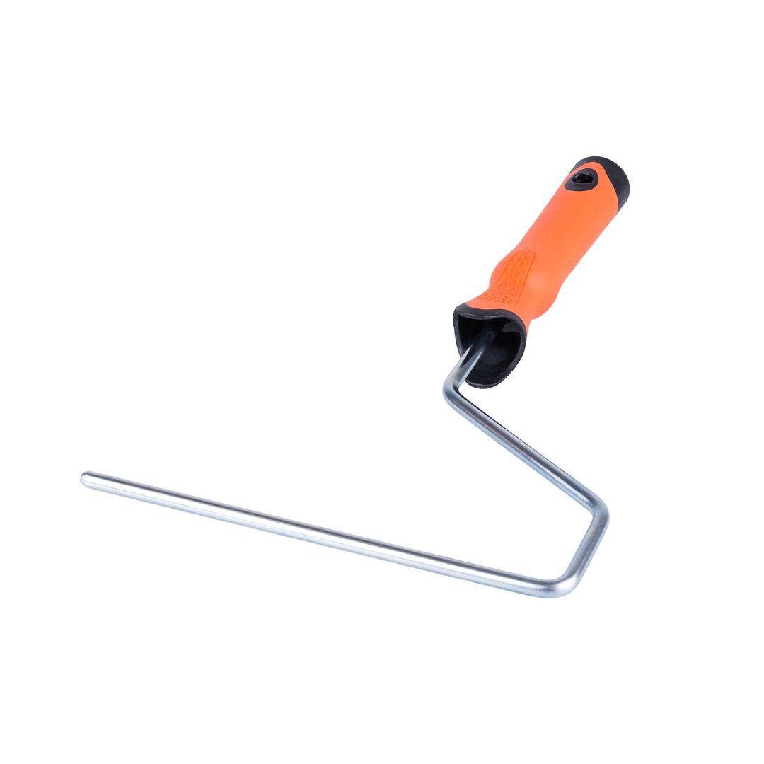 megabudowlany-motive-uchwyt-malarski-v-pro-23cm-8mm-sklep-budowlany - Mega Budowlany Orange-handled paint roller frame with a metal bent shaft, ready for a roller cover attachment