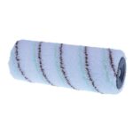 Paint roller cover: fluffy white material with brown and pale green stripes on a plastic core, used for applying paint.