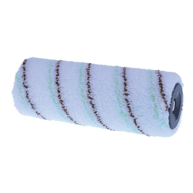 megabudowlany-motive-walek-greenfield-18cm-runo-10mm-sklep-budowlany - Mega Budowlany Paint roller cover: fluffy white material with brown and pale green stripes on a plastic core, used for applying paint.