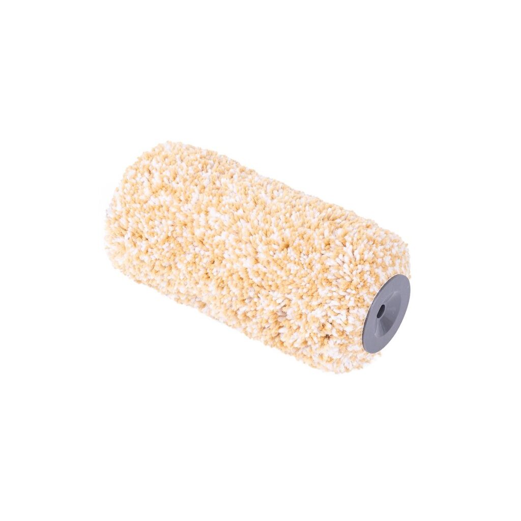 Beige shaggy paint roller sleeve with a gray plastic core