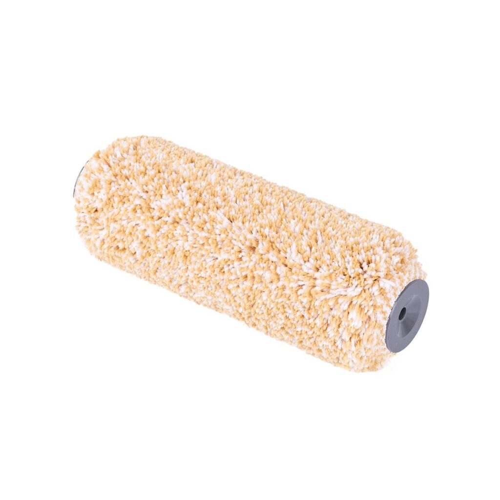 Beige fluffy paint roller cover with gray plastic end caps, used to apply paint on walls or furniture.