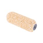 Beige fluffy paint roller cover with gray plastic end caps, used to apply paint on walls or furniture.