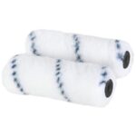 Two white paint roller sleeves with blue stripes placed side by side.