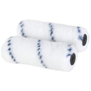 Two white paint roller sleeves with blue stripes placed side by side.