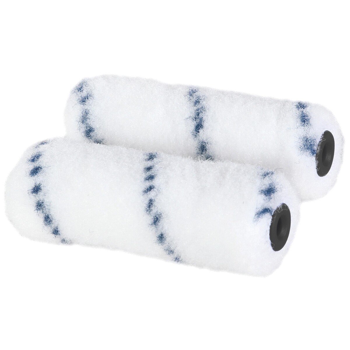 megabudowlany-motive-walek-nylon-15cm-2szt-runo-12mm-sklep-budowlany - Mega Budowlany Two white paint roller sleeves with blue stripes placed side by side.
