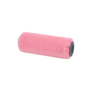 Pink cylindrical foam paint roller sleeve with dark end caps on a white background