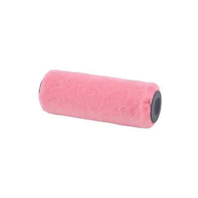 Pink cylindrical foam paint roller sleeve with dark end caps on a white background