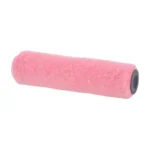 Pink paint roller cover with a gray core on a white background, used for applying paint to walls while rolling.