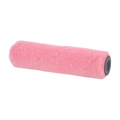 Pink paint roller cover with a gray core on a white background, used for applying paint to walls while rolling.