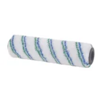 Paint roller cover with white fluffy material and blue-green diagonal stripes, featuring a gray hollow core.