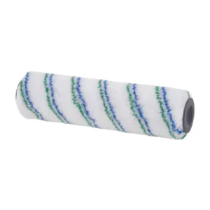 Paint roller cover with white fluffy material and blue-green diagonal stripes, featuring a gray hollow core.