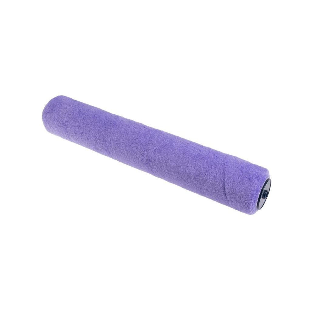 Purple microfiber paint roller cover with a metal ferrule, isolated on white