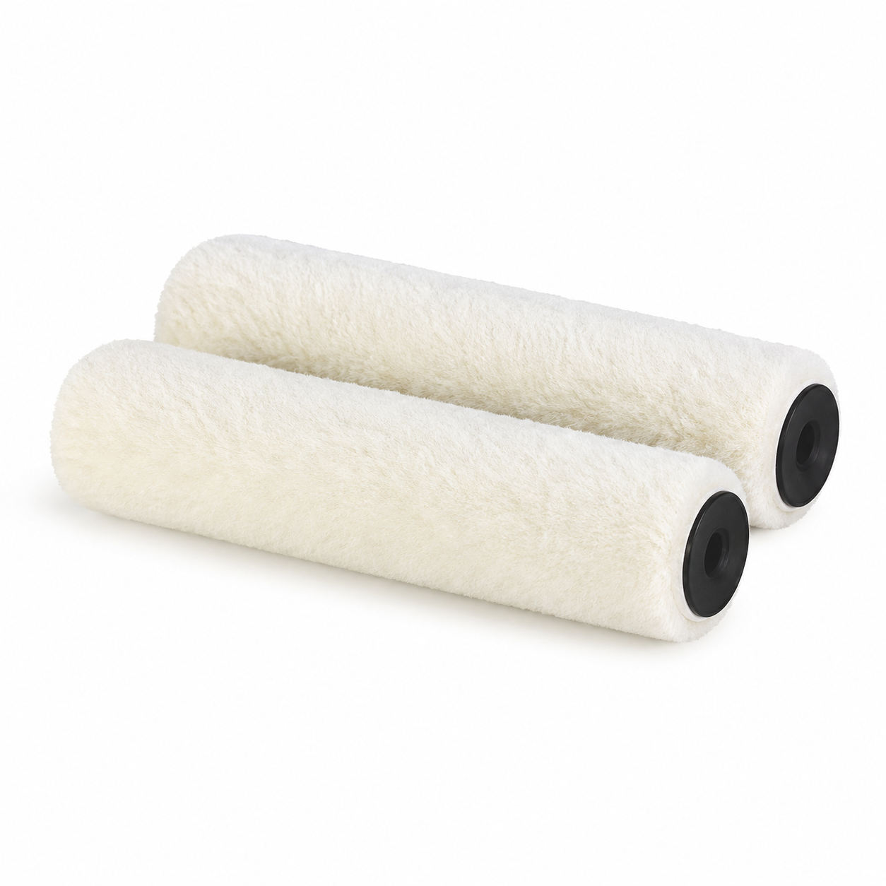 megabudowlany-motive-walek-velur-10cm-2szt-runo-4mm-sklep-budowlany - Mega Budowlany Two fluffy white paint roller covers lying side by side on a white background.