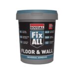 Container of Soudal Fix ALL Floor & Wall universal adhesive with blue label and gray lid